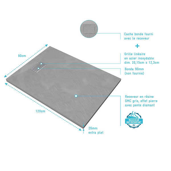 AURLANE - Receveur de douche Gris Effet Pierre 90x120 cm et Grille décor Linéaire en Inox - large
