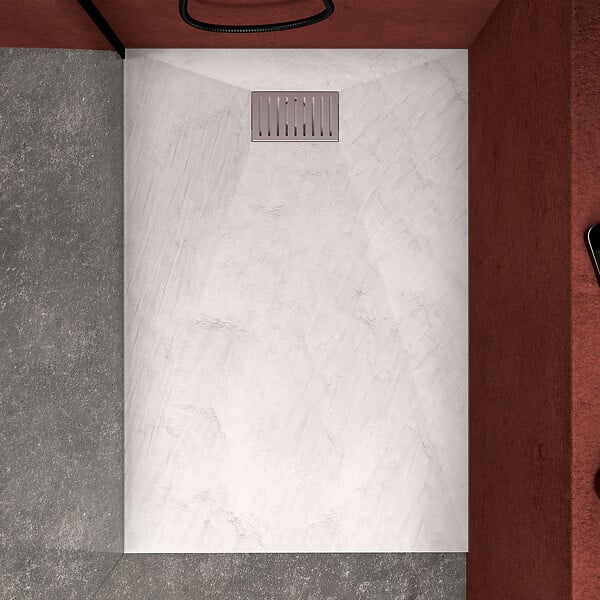 AURLANE - Receveur de douche Blanc Effet Pierre 90x140 cm et Grille décor Linéaire en Inox - large