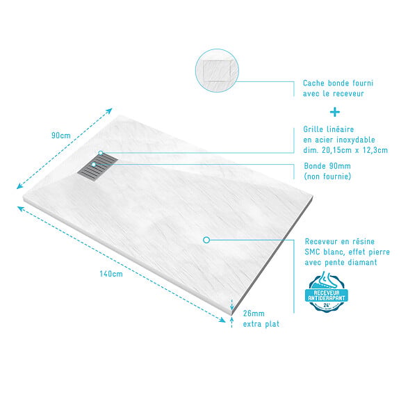 AURLANE - Receveur de douche Blanc Effet Pierre 90x140 cm et Grille décor Linéaire en Inox - large