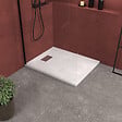 AURLANE - Receveur de douche Blanc Effet Pierre 80x100 cm et Grille décor Linéaire en Inox - vignette