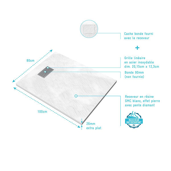AURLANE - Receveur de douche Blanc Effet Pierre 80x100 cm et Grille décor Linéaire en Inox - large