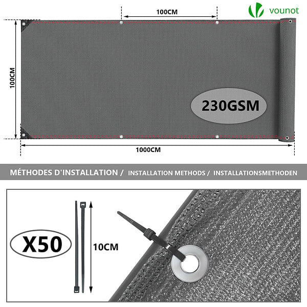 VOUNOT - Brise vue occultant en HDPE 230g/m² 1x10m avec attaches de fixation gris - large