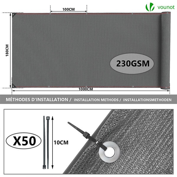 VOUNOT - Brise vue occultant en HDPE 230g/m² 1.8x10m avec attaches de fixation gris - large