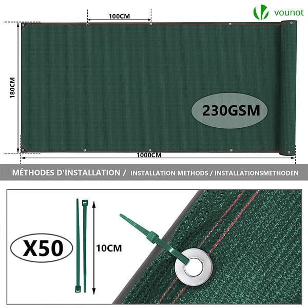 VOUNOT - Brise vue occultant en HDPE 230g/m² 1.8x10m avec attaches de fixation vert - large