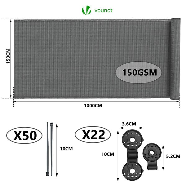 VOUNOT - Brise vue occultant en HDPE 150g/m² 1.5x10m avec attaches de fixation gris - large