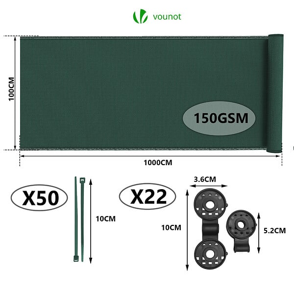 VOUNOT - Brise vue occultant en HDPE 150g/m² 1x10m avec attaches de fixation vert - large