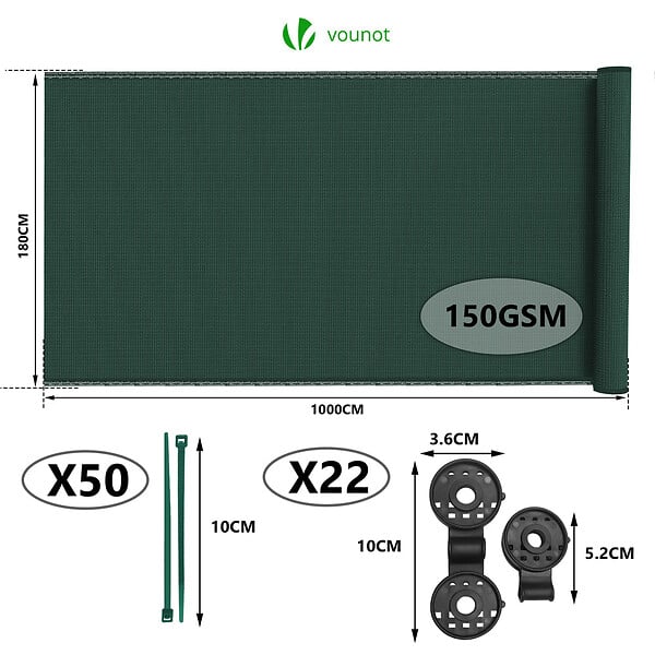 VOUNOT - Brise vue occultant en HDPE 150g/m² 1.8x10m avec attaches de fixation vert - large