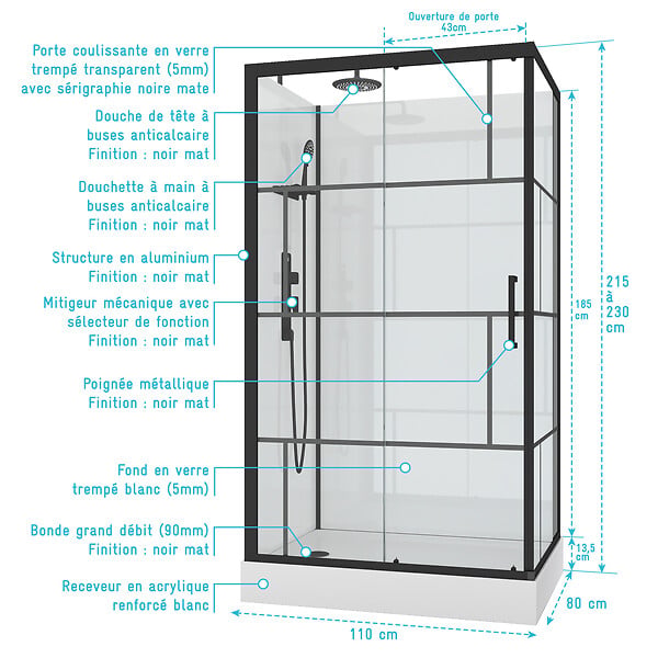 AURLANE - Cabine de douche 110x80cm / Receveur Haut - Verre transparent sérigraphié et Blanc - Profilés Noir - large