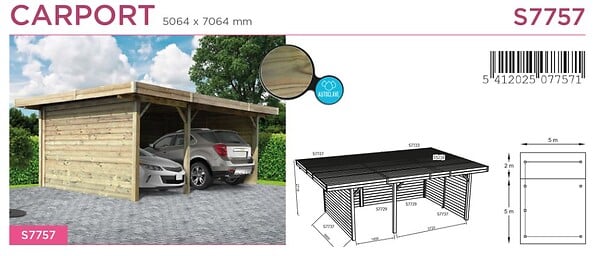 SOLID - Carport toit plat en bois  S7757 - Vert - 5x7m - large
