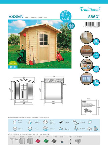 SOLID - Abri de jardin Essen - Porte semi-vitrée - Kit ventilation - 3.92m2 - large