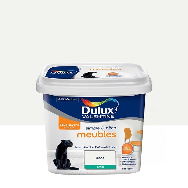 DULUX VALENTINE - Peinture meubles sous-couche intégrée - Blanc - Satin - 0,5L - large