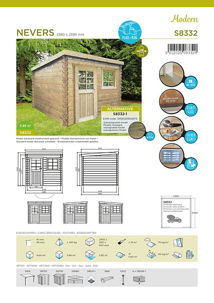 SOLID - Abri de jardin en bois Nevers - Marron - L.238xH.220xP.238cm - large