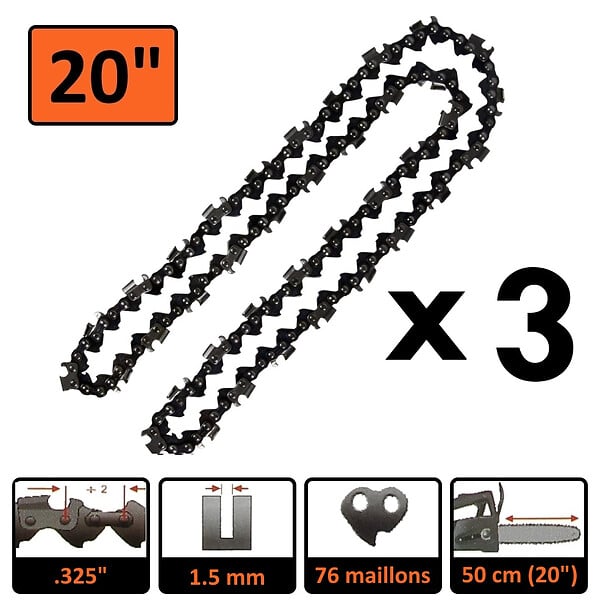 GT GARDEN - Guide 20 pouces (50 cm) avec lot de 3 chaînes 76 maillons pour tronçonneuse - large