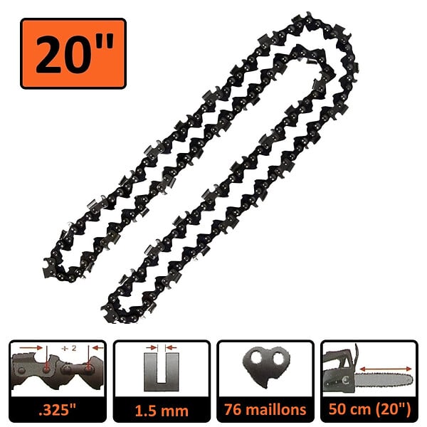 GT GARDEN - Guide 20 pouces (50 cm) avec chaîne 76 maillons pour tronçonneuse - large