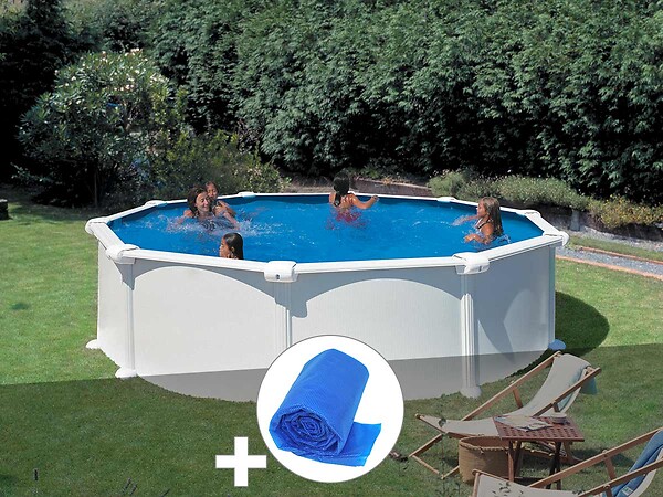 GRE - Kit piscine acier blanc Gré Atlantis ronde 3,70 x 1,32 m + Bâche à bulles - large