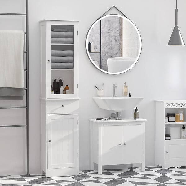 KLEANKIN - Meuble colonne de salle de bain placard porte acrylique 2 étagères placard porte 1 étagère tiroir MDF blanc - large