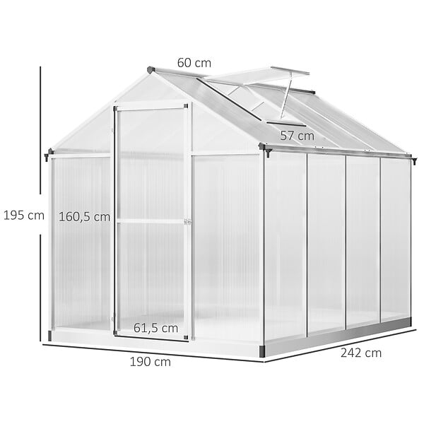 OUTSUNNY - Serre de jardin aluminium polycarbonate 4,6 m² dim. 2,42L x 1,9l x 1,95H m fondation lucarne porte loquet - large