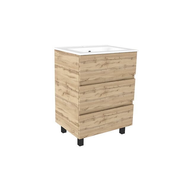 AURLANE - Meuble de salle de bains 60cm 3 Tiroirs_Chêne Naturel + Vasque céramique blanche - TIMBER 60 - large