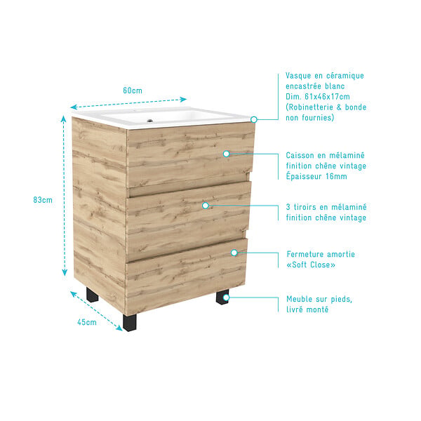 AURLANE - Meuble de salle de bains 60cm 3 Tiroirs_Chêne Naturel + Vasque céramique blanche - TIMBER 60 - large