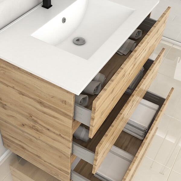 AURLANE - Meuble de salle de bains 80cm 3 Tiroirs_Chêne Naturel + Vasque céramique blanche - TIMBER 80 - large