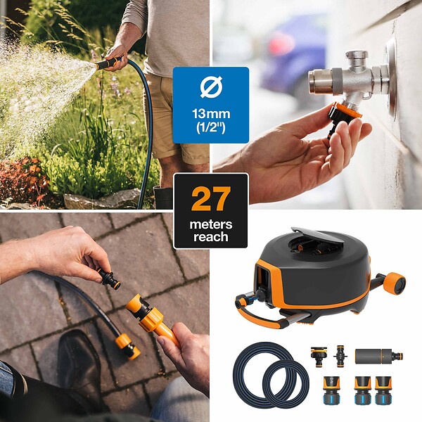 FISKARS - Dévidoir XL - Avec tuyau - Avec roues - 20m + 5m - 13mm de diamètre - large