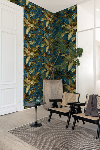 GRANDECO - Papier peint vinyle intissé Canopy - Bleu - L.53xl.1003cm - large