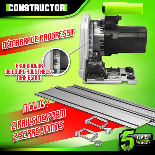 CONSTRUCTOR - Scie circulaire plongeante 1400W avec rail de guidage - Lame 190mm 24 dents - large