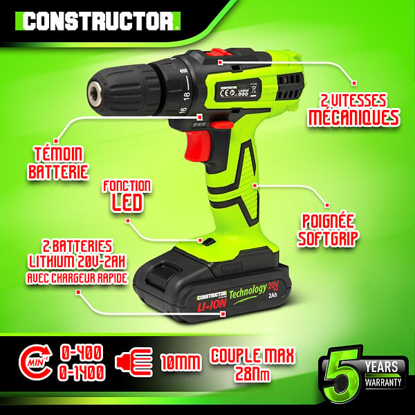 CONSTRUCTOR - Perceuse visseuse 20V lithium-2 batteries - Chargeur rapide - large