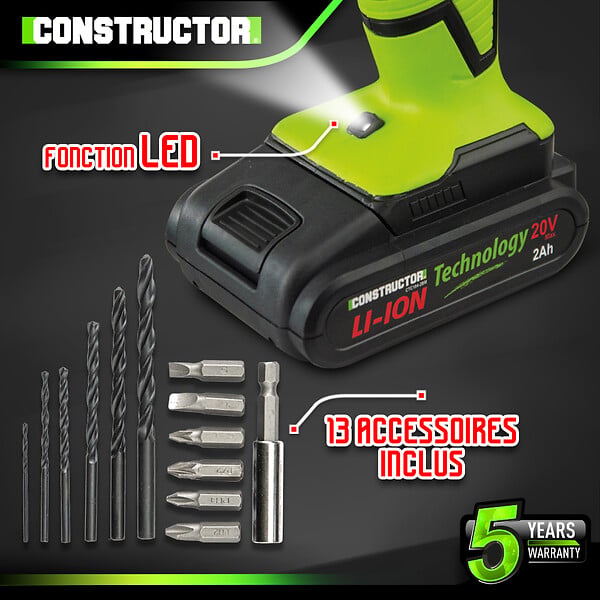CONSTRUCTOR - Perceuse visseuse 20V lithium-2 batteries - Chargeur rapide - large