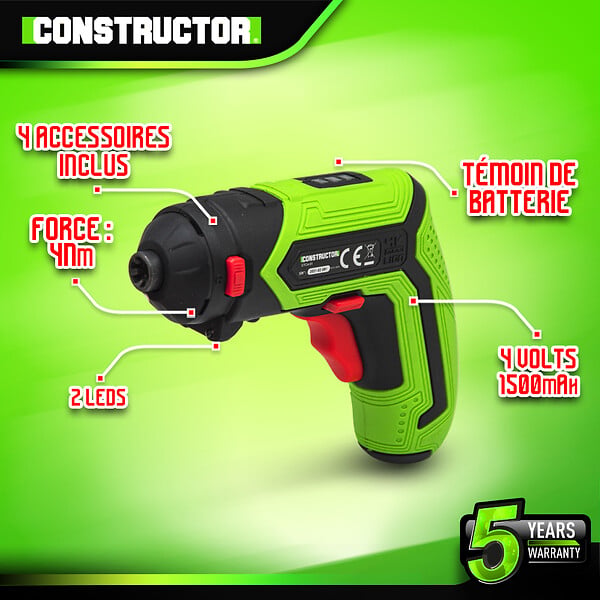 CONSTRUCTOR - Tournevis rechargeable 4V lithium + accessoires - 4Nm - Coffret de rangement - large