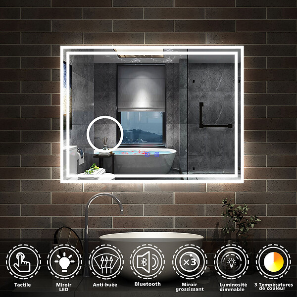 AICA SANITAIRE - Simple Bluetooth LED miroir de salle de bain tricolore tactile avec anti-buée et miroir grossissant 3x, suspendu horizontalement 100x60cm - large