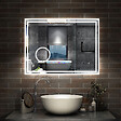AICA SANITAIRE - Simple Bluetooth LED miroir de salle de bain tricolore tactile avec anti-buée et horloge et miroir grossissant 3x, suspendu horizontalement 160x80cm - vignette