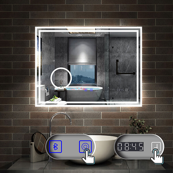 AICA SANITAIRE - Simple Bluetooth LED miroir de salle de bain tricolore tactile avec anti-buée et horloge et miroir grossissant 3x, suspendu horizontalement 160x80cm - large