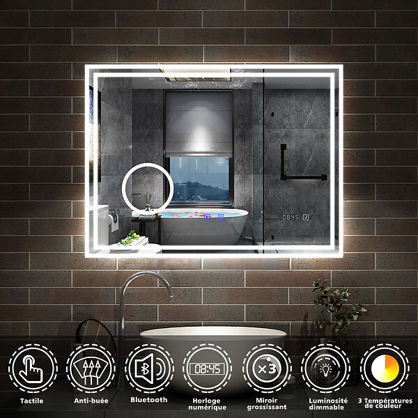AICA SANITAIRE - Simple Bluetooth LED miroir de salle de bain tricolore tactile avec anti-buée et horloge et miroir grossissant 3x, suspendu horizontalement 100x60cm - large