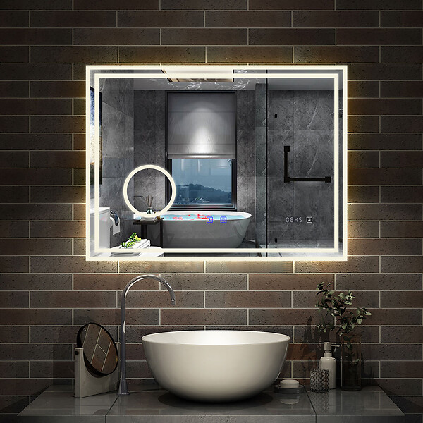 AICA SANITAIRE - Simple Bluetooth LED miroir de salle de bain tricolore tactile avec anti-buée et horloge et miroir grossissant 3x, suspendu horizontalement 100x60cm - large