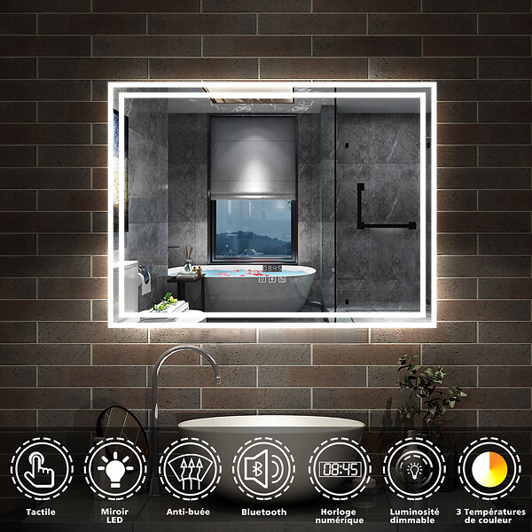 AICA SANITAIRE - Simple Bluetooth LED miroir de salle de bain tricolore tactile avec antibuée et horloge, 100x60cm horizontalement - large
