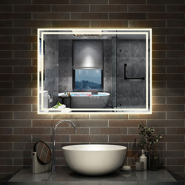 AICA SANITAIRE - Simple Bluetooth LED miroir de salle de bain tricolore tactile avec antibuée et horloge, 100x60cm horizontalement - large