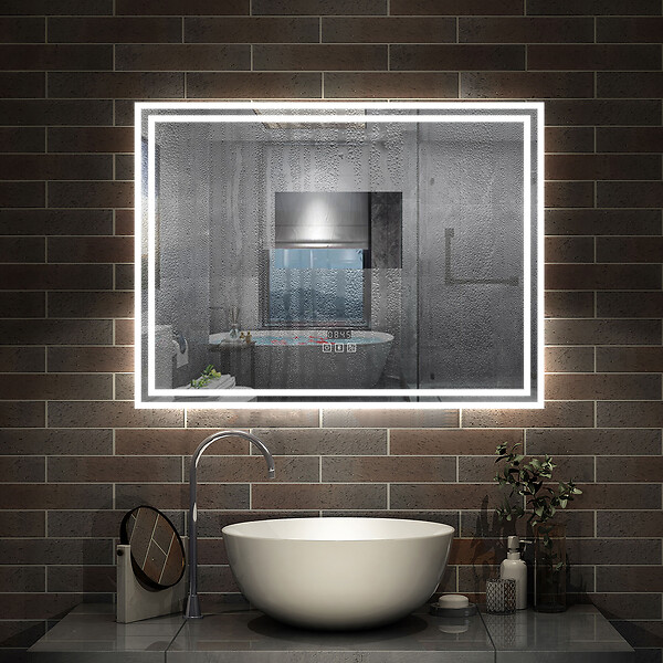 AICA SANITAIRE - Simple Bluetooth LED miroir de salle de bain tricolore tactile avec antibuée et horloge, 120x70cm horizontalement - large
