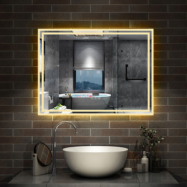 AICA SANITAIRE - Simple Bluetooth LED miroir de salle de bain tricolore tactile avec antibuée et horloge, 120x70cm horizontalement - large