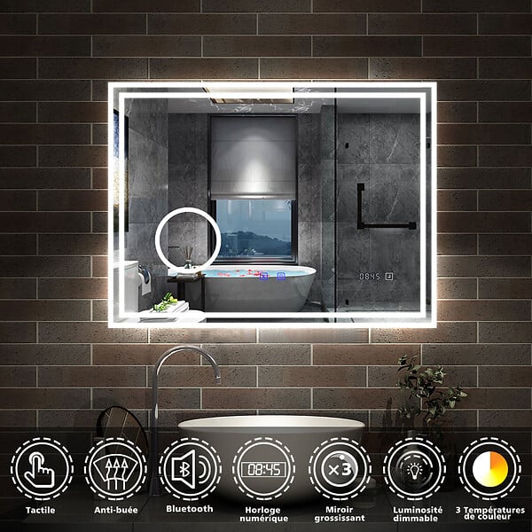 AICA SANITAIRE - Simple Bluetooth LED miroir de salle de bain tricolore tactile avec anti-buée et horloge et miroir grossissant 3x, suspendu horizontalement 120x70cm - large