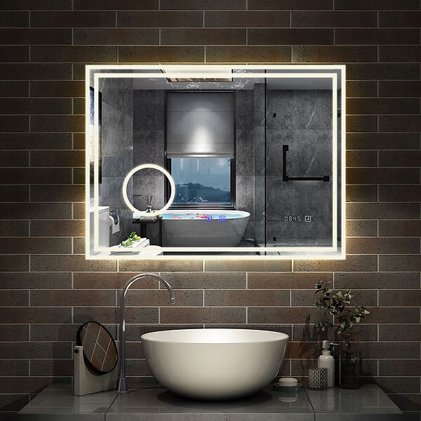 AICA SANITAIRE - Simple Bluetooth LED miroir de salle de bain tricolore tactile avec anti-buée et horloge et miroir grossissant 3x, suspendu horizontalement 120x70cm - large