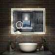 AICA SANITAIRE - Simple Bluetooth LED miroir de salle de bain tricolore tactile avec anti-buée et horloge et miroir grossissant 3x, suspendu horizontalement 120x70cm - vignette