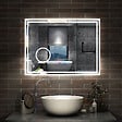 AICA SANITAIRE - Simple Bluetooth LED miroir de salle de bain tricolore tactile avec anti-buée et miroir grossissant 3x, suspendu horizontalement 120x70cm - vignette