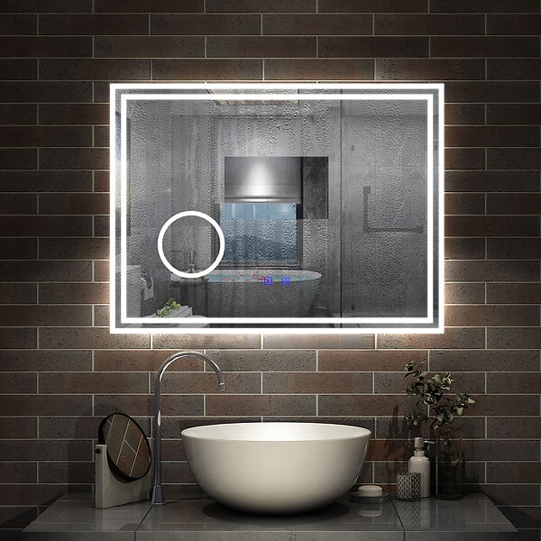 AICA SANITAIRE - Simple Bluetooth LED miroir de salle de bain tricolore tactile avec anti-buée et miroir grossissant 3x, suspendu horizontalement 120x70cm - large