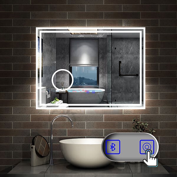 AICA SANITAIRE - Simple Bluetooth LED miroir de salle de bain tricolore tactile avec anti-buée et miroir grossissant 3x, suspendu horizontalement 120x70cm - large
