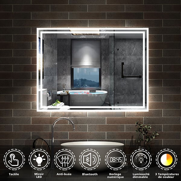 AICA SANITAIRE - Simple Bluetooth LED miroir de salle de bain tricolore tactile avec antibuée et horloge, 80x60cm horizontalement - large