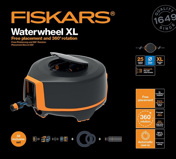 FISKARS - Dévidoir automatique - tuyau 20m + 5m - 13mm - large
