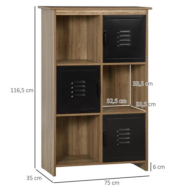 HOMCOM - Bibliothèque design industriel - meuble de rangement 3 niches 3 casiers - panneaux particules aspect bois veinage portes métal noir - large