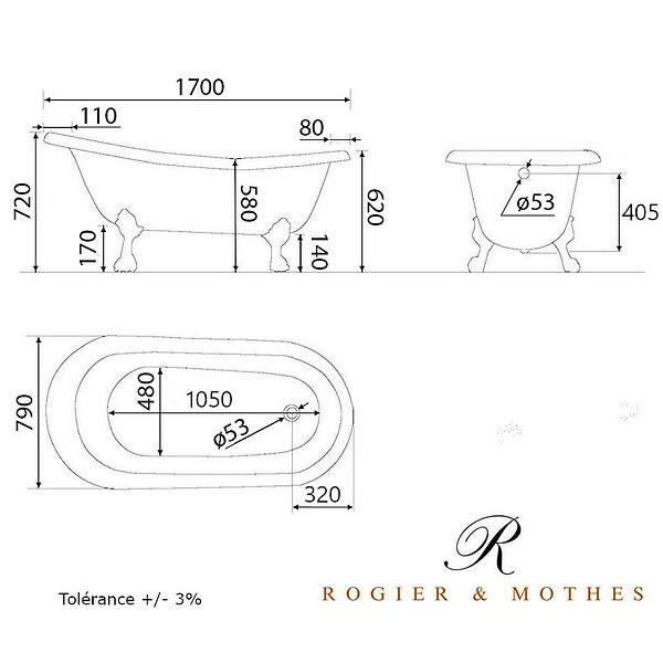ROGIER & MOTHES - Baignoire sur pieds rétro en fonte LIVINGSTON Noire 170 cm Pieds blancs - large