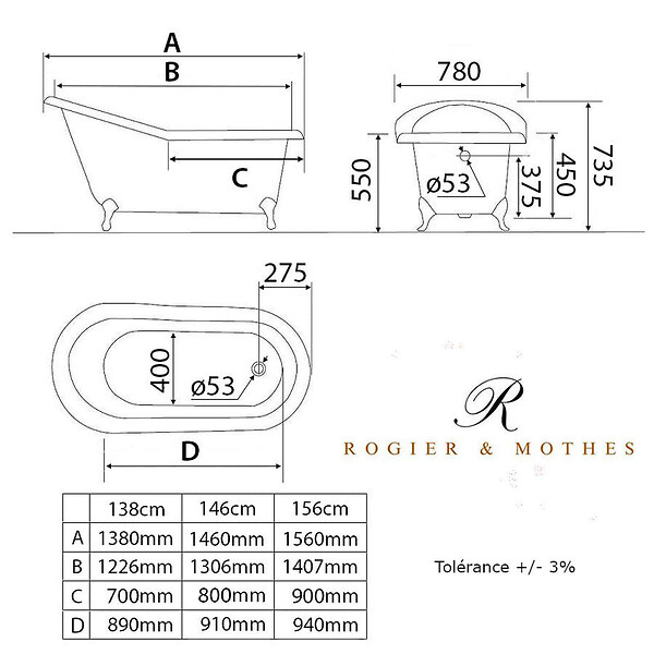 ROGIER & MOTHES - Baignoire sur pieds rétro en fonte petite taille ASHFORD Blanche 156 cm Pieds blancs - large